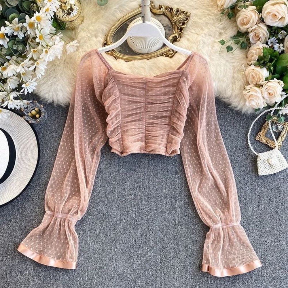 Romantic Lace Crop Top with Long Sleeve Ruffle Cuffs